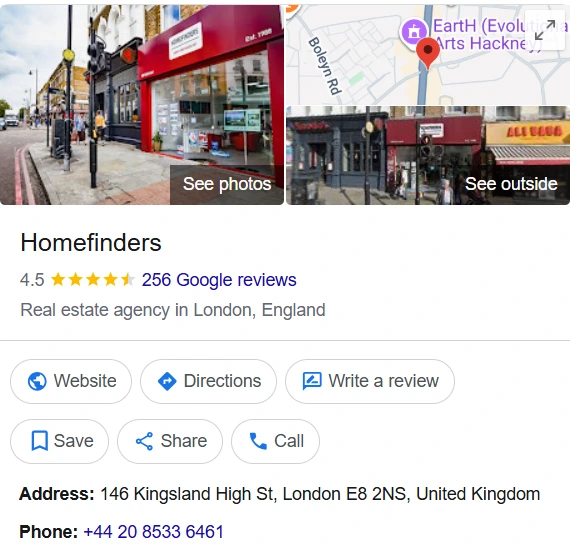 Homefinders Google Business Profile, 4.5 stars from 256 Google reviews, estate agents in Dalston London E8 2NS