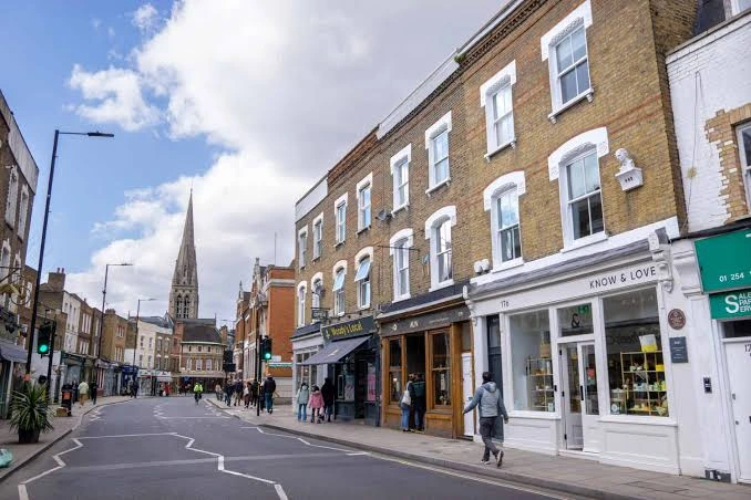 Stoke Newington Church Street with its independent shops and period buildings in N16
